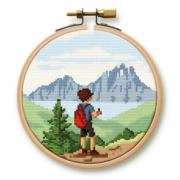 Cartoon Simple Mountain Scenery 11CT Stamped Cross Stitch Kits Easy for Beginners Child with Hoop DIY Needlepoint Counted Embroidery Kits Art Craft Wall Decor 12x12IN(3)