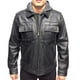 thumbnail image 1 of Chamarra de piel negra para caballero con capucha de tela para sudadera desmontable, cuello de solapa, 2 bolsas de pestaña en pecho y 2 bolsas en cadera, doble cierre de zíper de plástico y metálico Castelli Leather Authentic Hugo Con capucha y cierre doble, 1 of 4