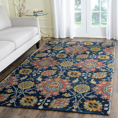 GAHACONNIE Roslyn Collection 4  x 6  Navy / Multi ROS565A Handmade Floral Wool Area Rug 100% Wool The handmade  hand-tufted construction adds durability to this rug  ensuring it will be a favorite for many years. Each rug is handmade with plush  premium  100-percent hand-spun wool. This traditional rug will give your room an elegant accent This rug measures 4  x 6  For over 100 years  Safavieh has been crafting rugs of the higest quality and unmatched style