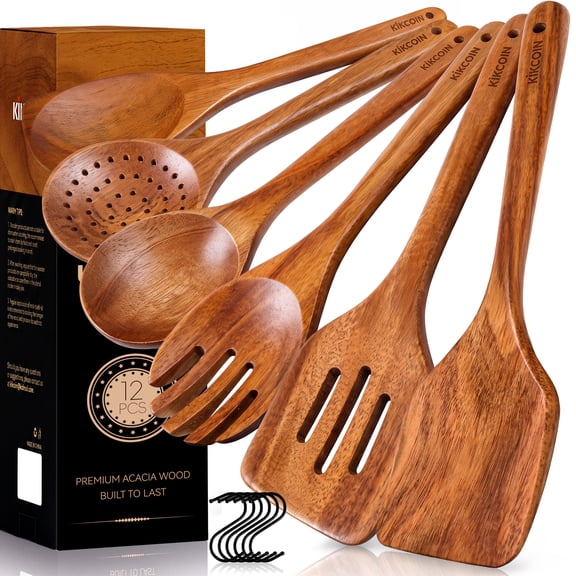 Kikcoin Wooden Cooking Utensil Set, 6 Pcs Acacia Wood Spoons for Cooking, Kitchen Utensils Set for Nonstick Pots, 6 Hooks Included, Heat Resistant
