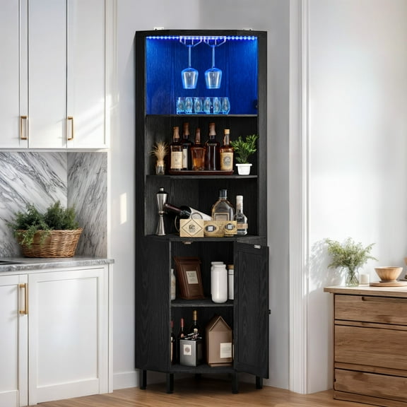 ModFusion 5 Tier Corner Bar Cabinet with LED Lights & Glass Holder, Storage Cabinet with Door and Shelves, Corner Shelf with Wine Rack Display, Black