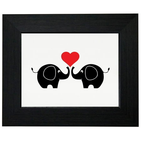 Elephants in Love - Red Heart Touching Trunks Cute Framed Print Poster Wall or Desk Mount
