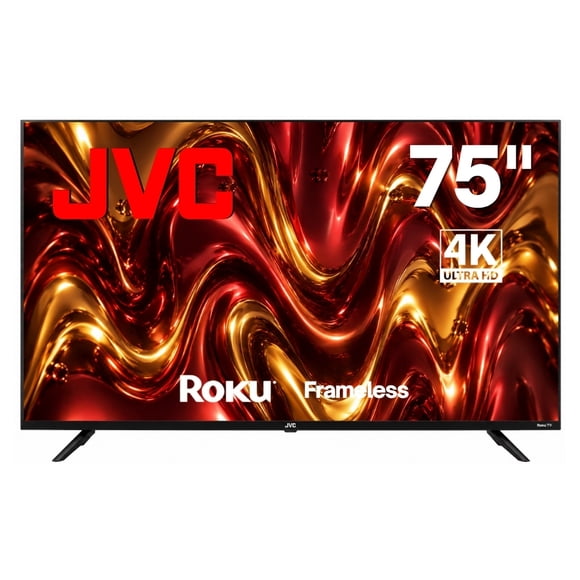 JVC  Smart TV 75 pulgadas  4K UHD LED  Frameless  Roku TV  Dolby Audio  WiFi  Netflix YouTube Prime Video  Modelo SI75URF