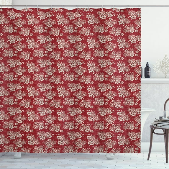 Cherry Blossom Shower Curtain, Scattered Bale of Hay Illustration Randomly Placed Cherry Flowers, Fabric Bathroom Set with Hooks, 69W X 75L Inches Long, Ruby and Eggshell, by Ambesonne