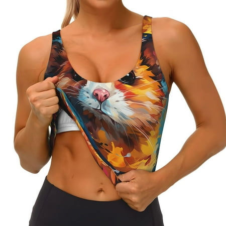 Qokaie Oil Painting Colorful Hamster Pattern Womens Scoop Neck Sports Bra Breathable Workout Vest Padded U Back Medium Impact Fitness Gym Yoga Bra Workout Crop Top