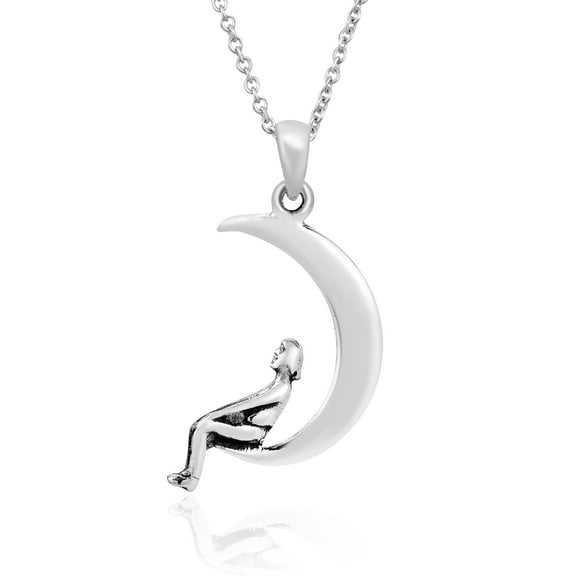 Cosmic Boho Lady Sitting Crescent Moon Celestial Sterling Silver Necklace