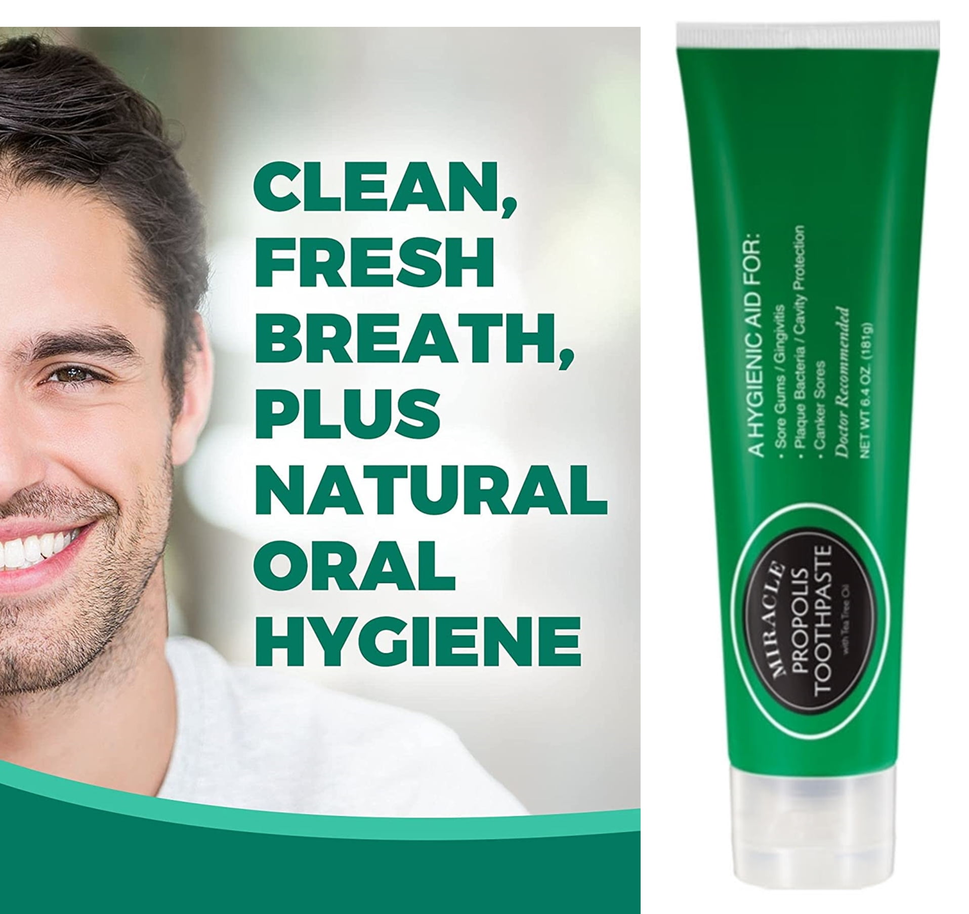 2 Pack Miracle Propolis Toothpaste + Tea Tree Oil, No Fluoride Max Strength Large Tube 6.4oz x 2