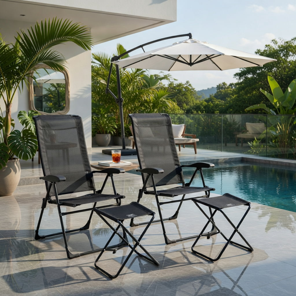 Hommoo 4-Piece Adjustable Reclining Patio Chair & Ottoman Set, Folding Outdoor Dining Chairs with 7-Position Backrest, Steel Frame, Breathable Mesh, for Backyard, Garden, Poolside, Black
