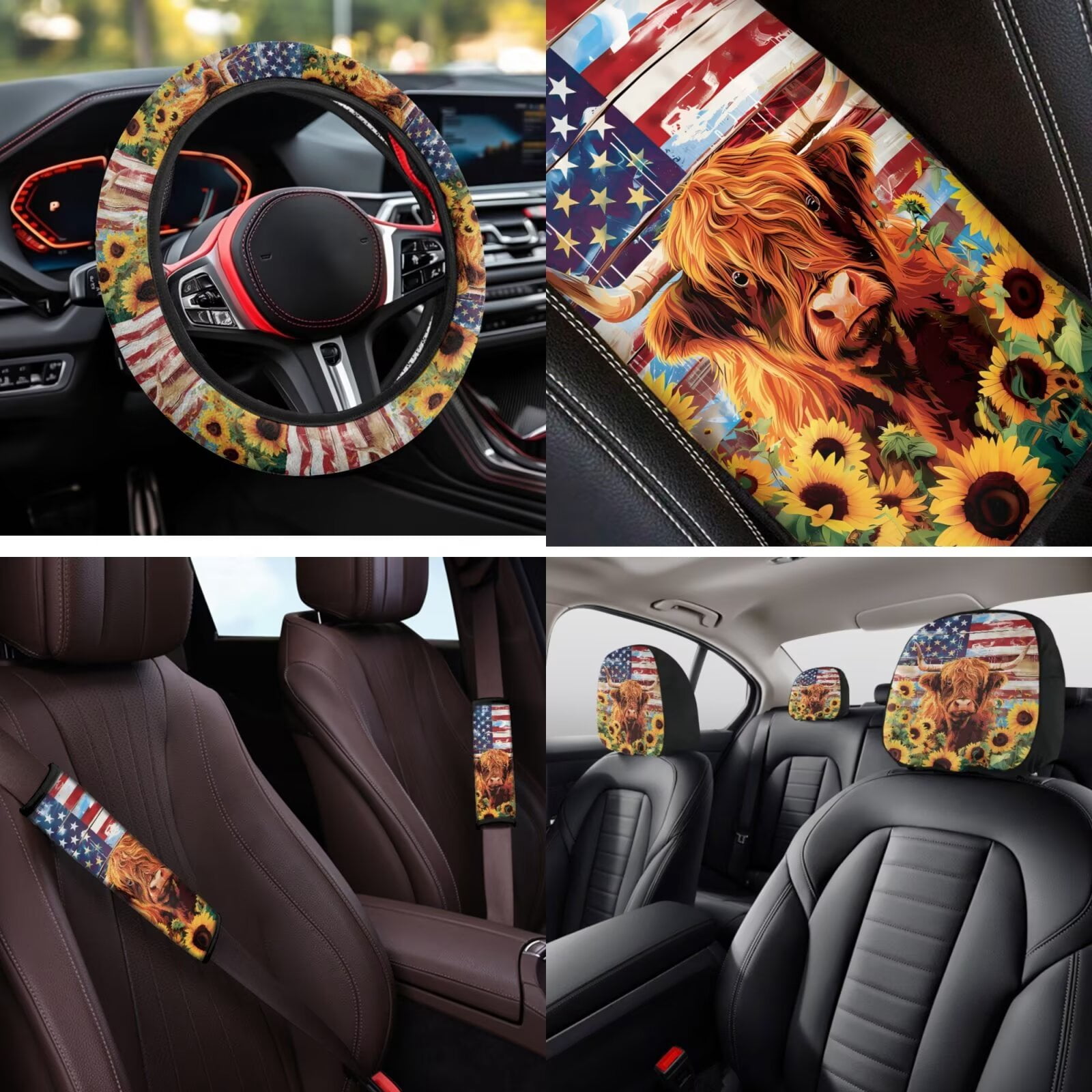 Binienty Sunflower Highland Cow Print Automotive Seat Covers with Armrest Cover Seat Headrest Cover Seat Belt Shoulder Strap Covers Keychain 14 Pieces American Flag Car Interior Accessories Set