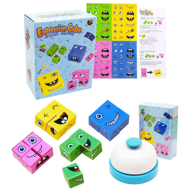 16pcs Wooden Expressions Matching Block Puzzles w/54 Cards Early Educational Expressions Toy Parent-children Interactive Expression Building Blocks for 3 Years Old