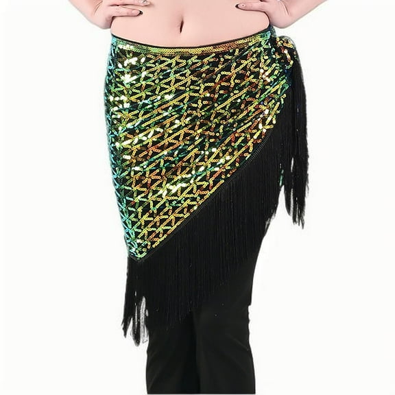 Waist Chain Skirts Womens Tassel Sequin Triangle Hip Scarf Warp Skirts Belt Sparkly Belly Dance Clothing Gold, Free Size