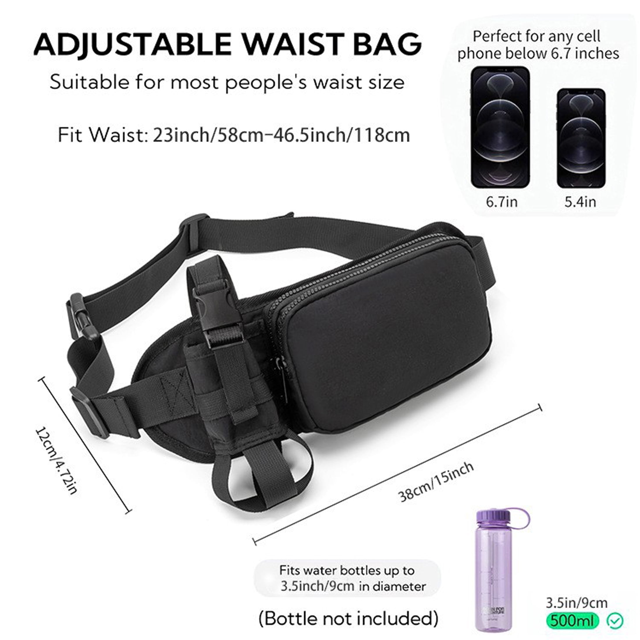 Oxford Cloth Running Belt Pack Large Capacity with Water Bottle Bag Sports Shoulder Pack Adjustable Zipper
