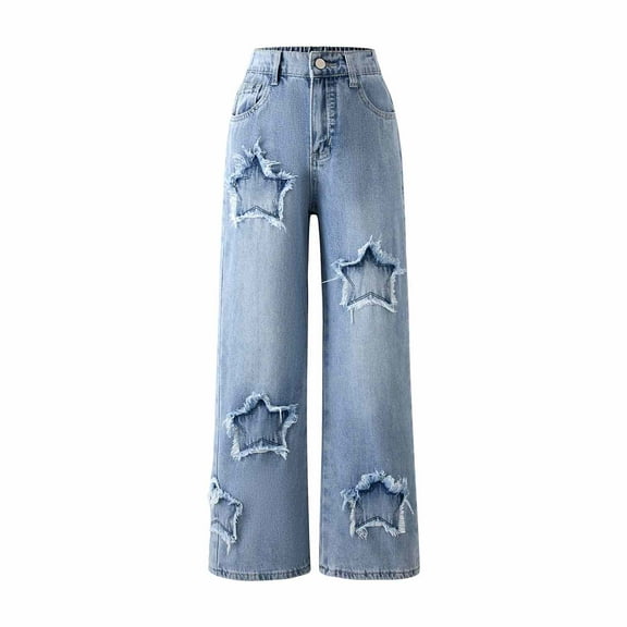 Xudanell Girls Jean Pants Star Decoration Elastic Waist Wide Leg Jeans Baggy Jeans Cute Jean for Girls Light Blue 9-10 Years