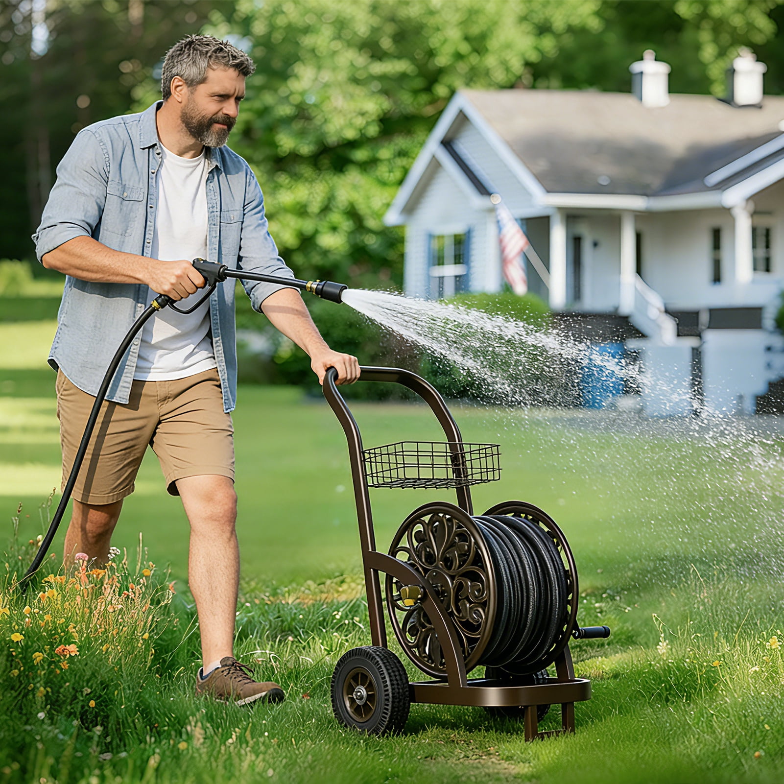 Outlandpro Hose Reel Cart Heavy Duty Powder-Coated Steel Outdoor Planting with Storage Basket
