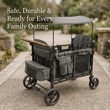 Stroller Wagon for Kids, Collapsible 4 Seater Wagon with Canopy and Storage Bag, Foldable Push Pull Wagon for Camping and Outdoor Adventures