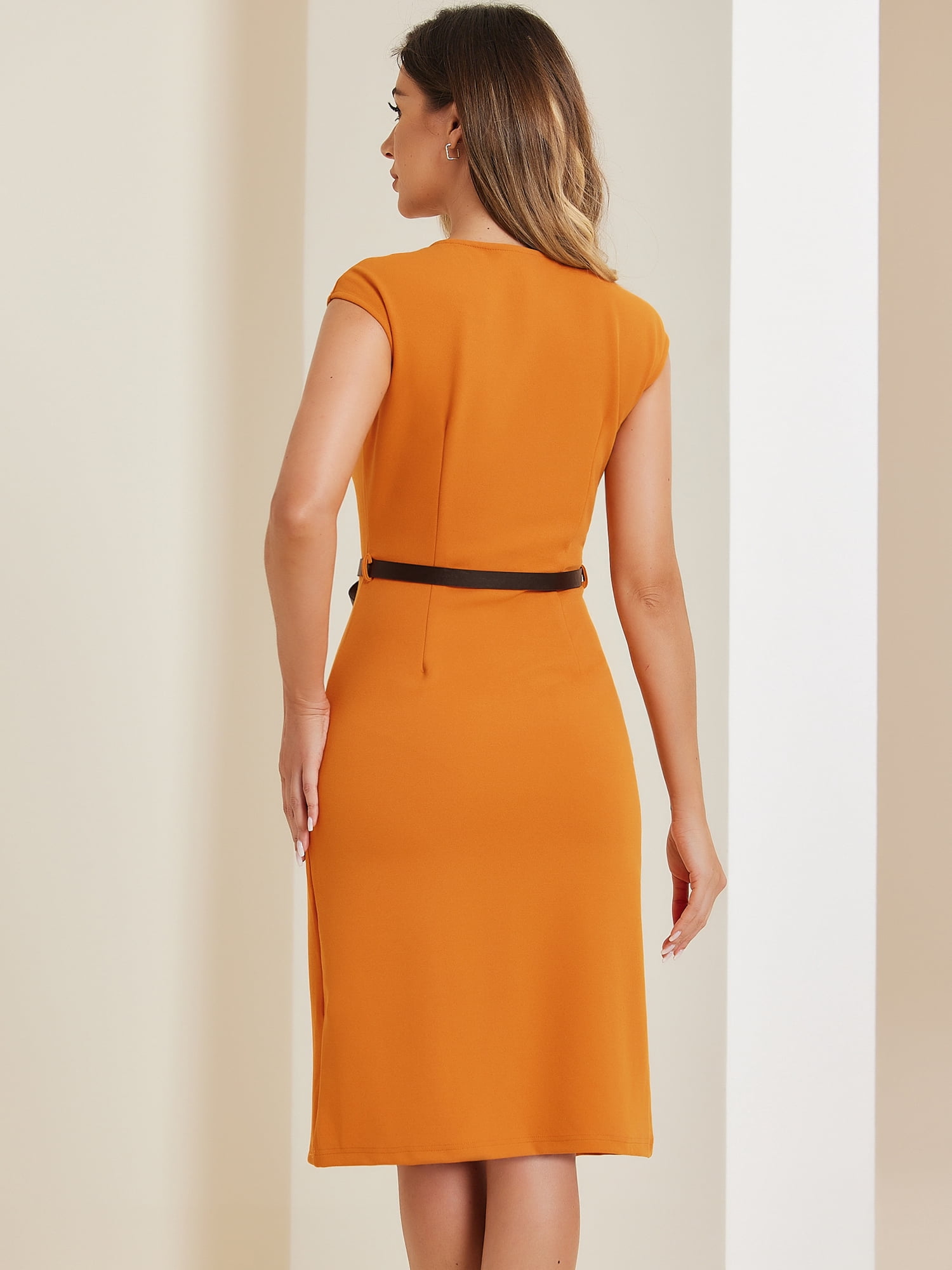 DARING DIVA Elegant Round Neck Cap Sleeve Belted Work Sheath Dresses XL Orange