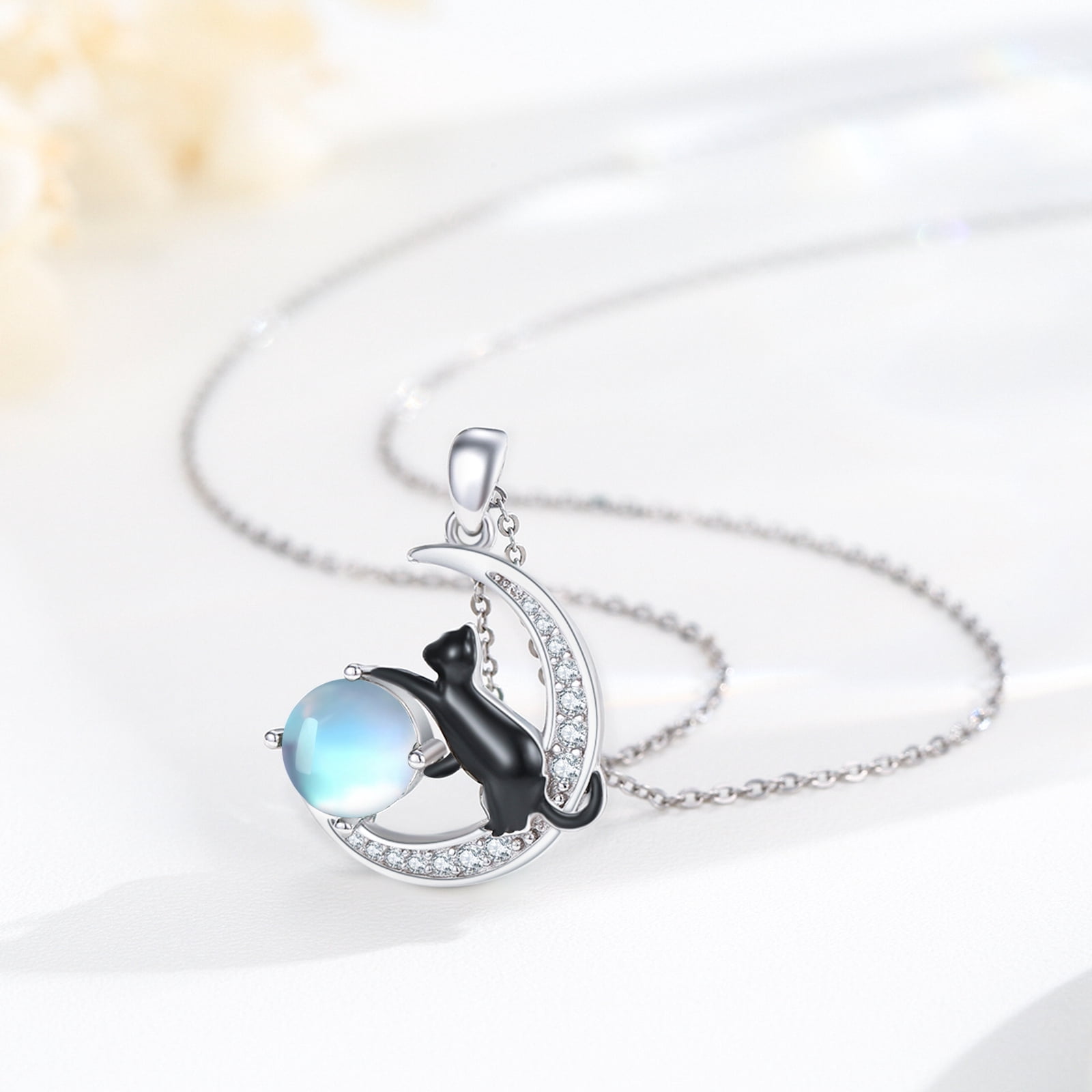 Coachuhhar Black Cat Necklace 925 Sterling Silver Cute Animal Pendant Necklace Moonstone Jewelry Gifts for Women Mom Wife