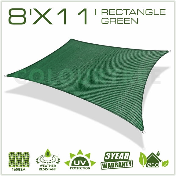 ColourTree 8' x 11' Sun Shade Sail Canopy Rectangle Green - Commercial Standard Heavy Duty - 160 GSM - 4 Years Warranty