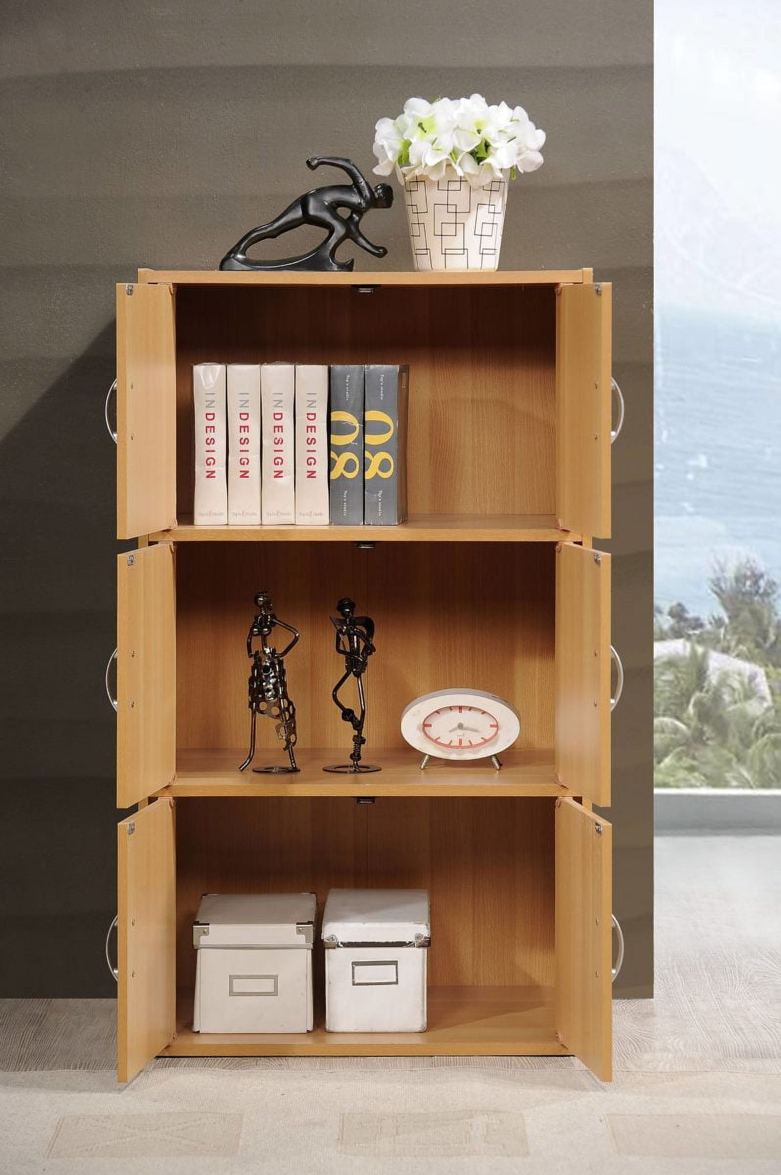 Hodedah 3-Shelf, 6-Door Multipurpose Bookcase, Beech