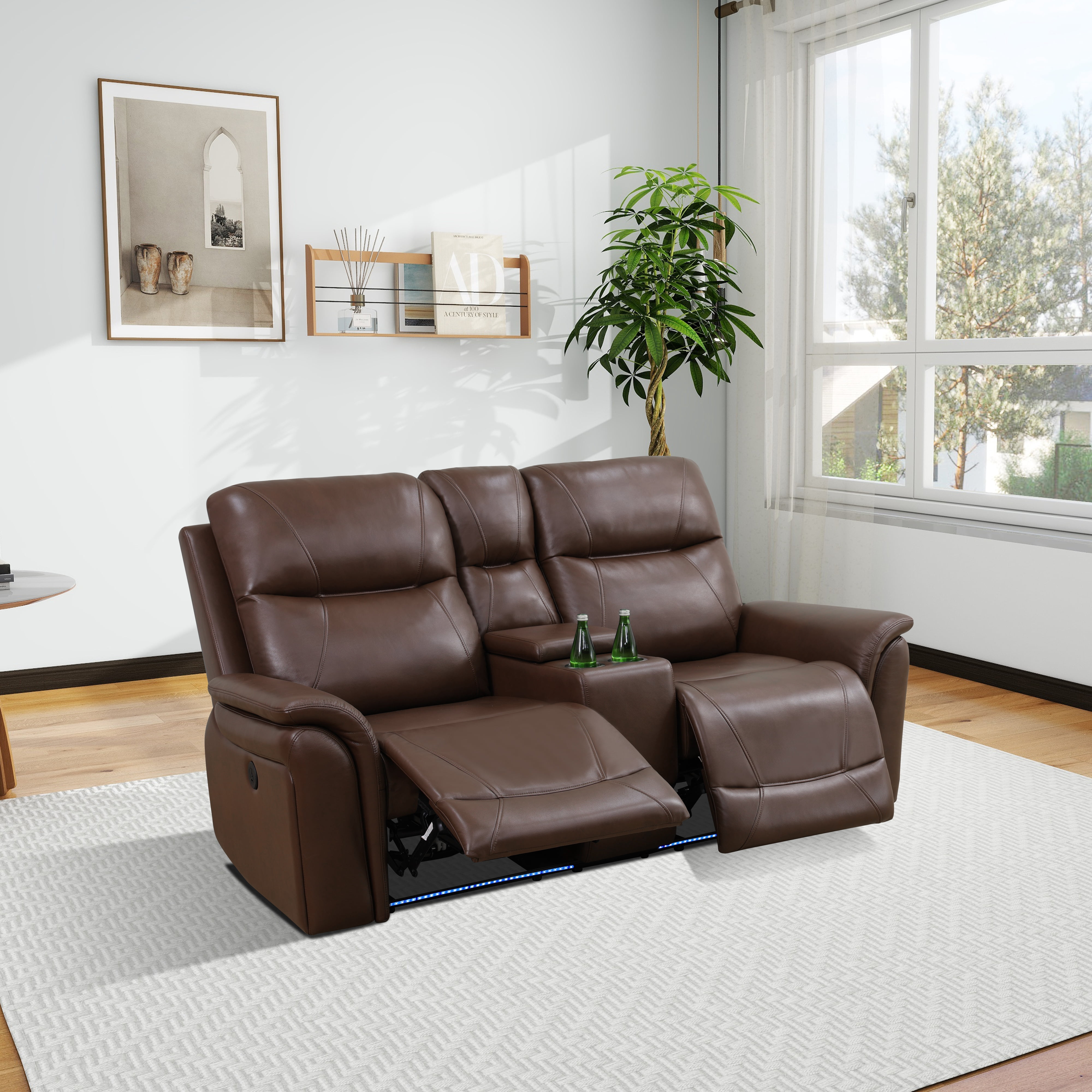 Gewnee Loveseat Power Reclining Multifunctional Sofa, Air Leather, Storage Console, Cup Holders,Dark Brown
