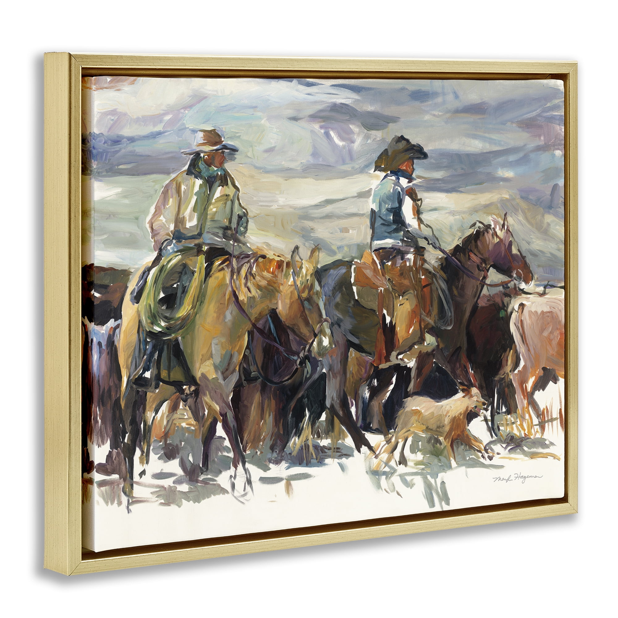 Stupell Industries The Roundup Western Painting Animals Painting Gold Floater Framed Canvas Art Print Wall Art, 31 x 25