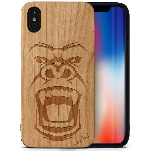Case Yard Wooden Case Outside Soft TPU Silicone, Slim Fit Shockproof Wood Protective Phone Cover for Girls Boys Men and Women, Supports Wireless Charging Gorilla Face Design case for iPhone-XS-Max