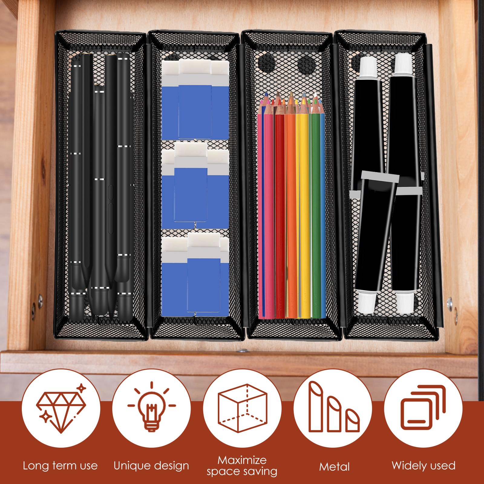 6 Pcs Drawer Organizer with Interlocking Arm Metal Utensil Mesh Drawer Organizer Nonslip Utensil Organizer Breathable Silverware Drawer Organizer for Kitchen 9.6x3x2inch Black