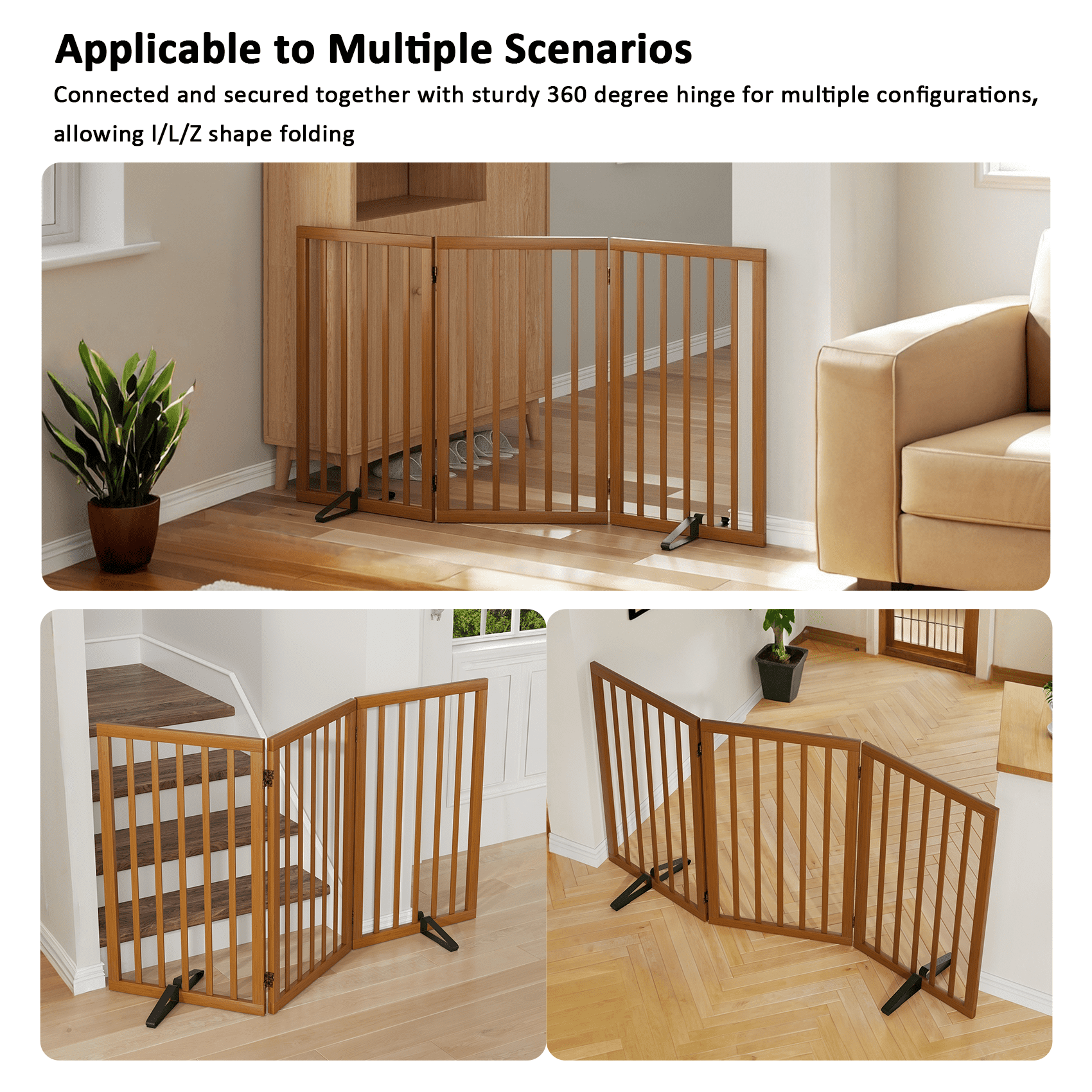 Smart FENDEE 33" Tall Foldable Bamboo Freestanding Pet Gate with Dog Gate and Support Feet, Expands to 55" Wide