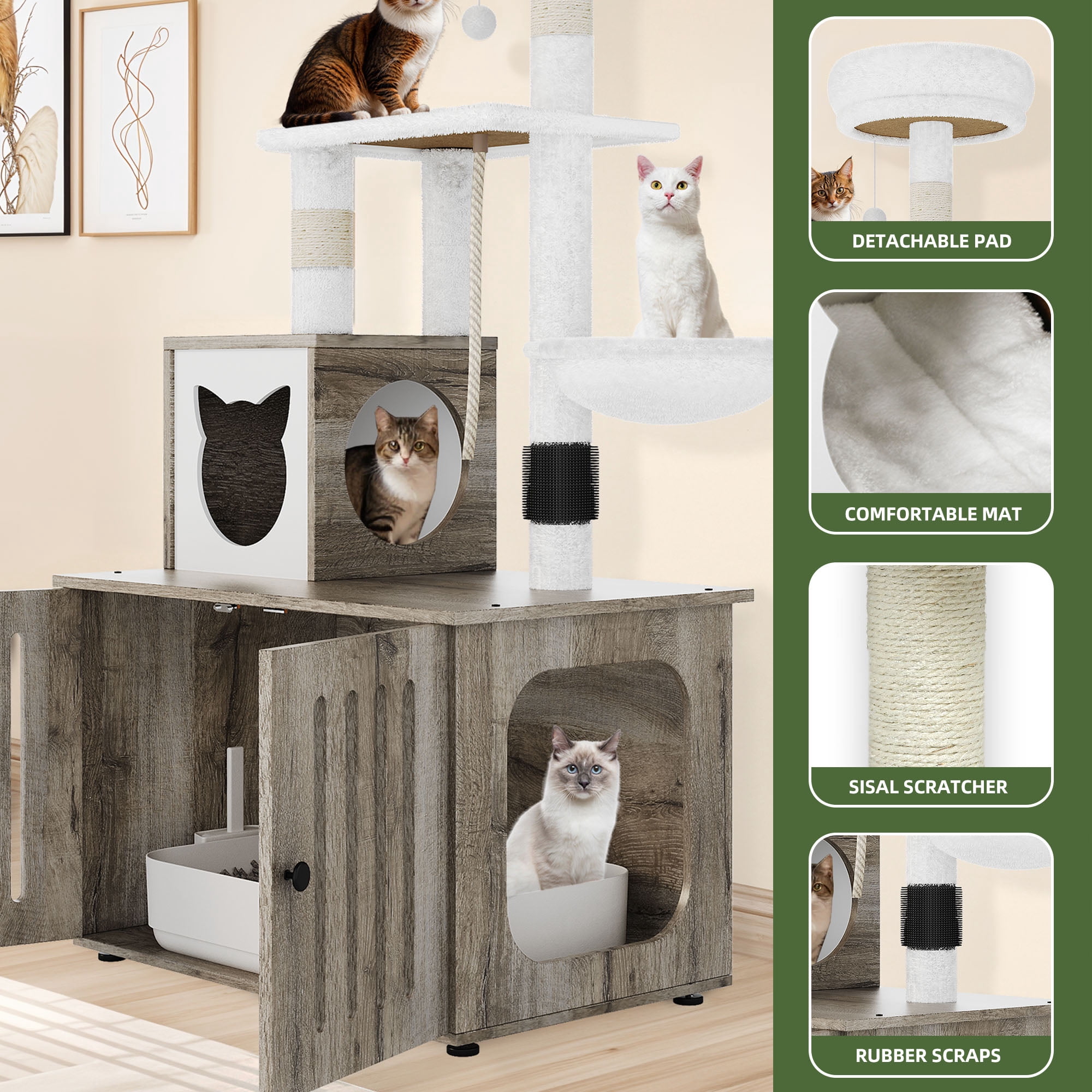 Uforic Cat Tree with Litter Box Enclosure, 2-in-1 Modern Cat Tower Combo, 53.5" Hidden Litter Box Furniture, Gray