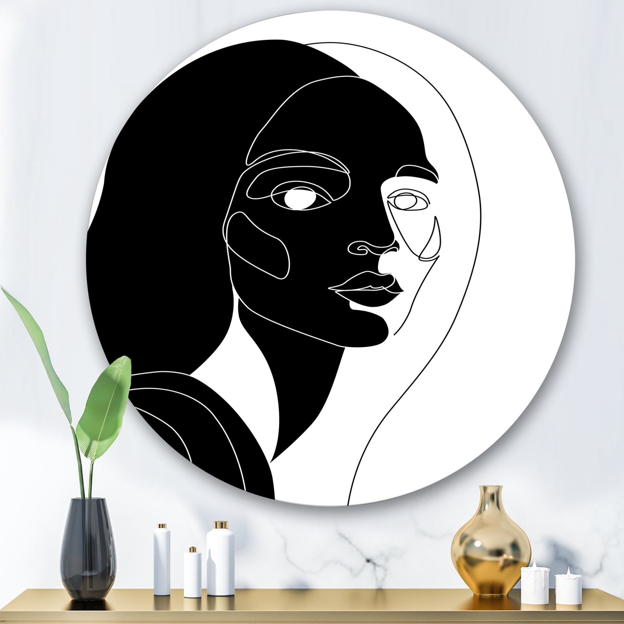 Designart 'Retro Black and White Minimal Portrait of Young Girl' Modern Circle Metal Wall Art 36x36 - Disc of 36