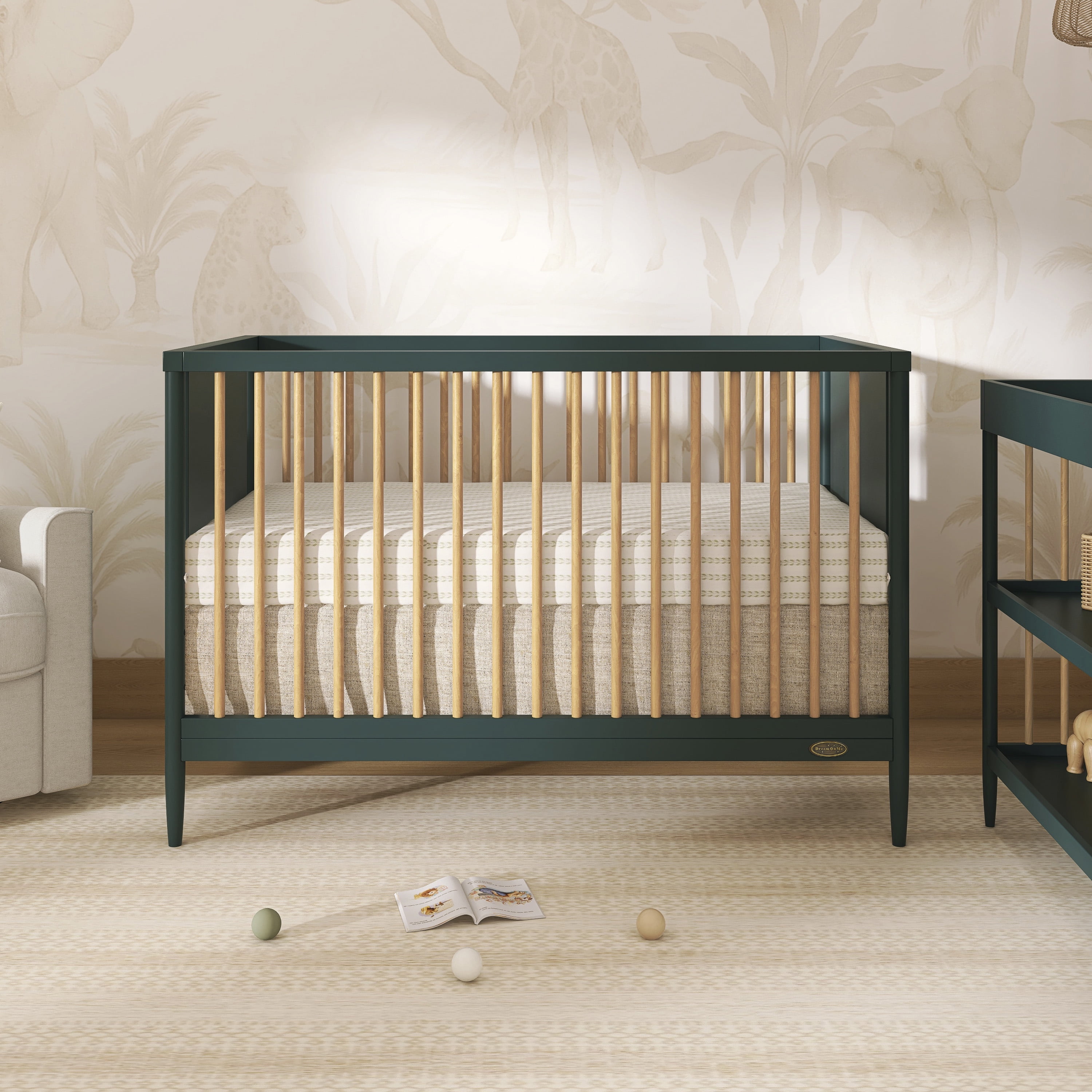 Dream On Me Clover 4 In 1 Modern Island crib With Rounded Spindles I Convertible Crib I Mid- Century Meets Modern I Coordinates With The Clover Changing Table in Olive Finish