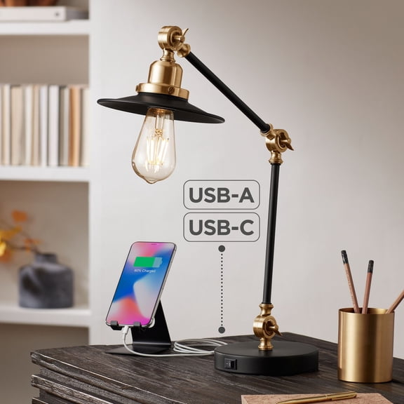 360 Lighting Taurus Industrial Rustic Desk Lamp 20" High Black Gold with USB Charging Port Adjustable for Bedroom Living Room Bedside Nightstand House