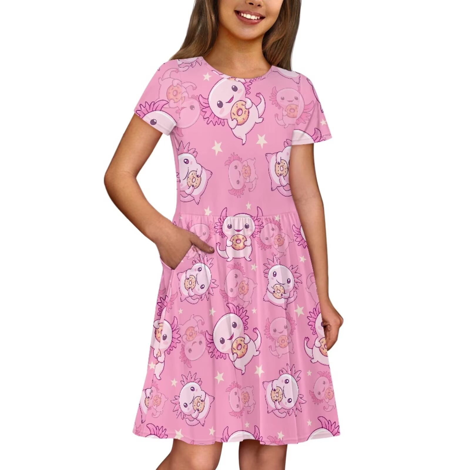 Uourmeti Girls Axolotl Short Sleeve Dress Size 10-12 Summer Soft Crew Neck Midi Dresses Lightweight Loose Swing Dress with Pockets