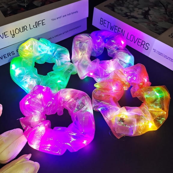 4 Pcs Light Up Mermaid Scrunchies, LED Hair Scrunchy for Girl & Women, Multi Glow, Glow in the Dark Accessories for Rave Neon Slumber Party(Light pink, Green, Magenta, Orange)