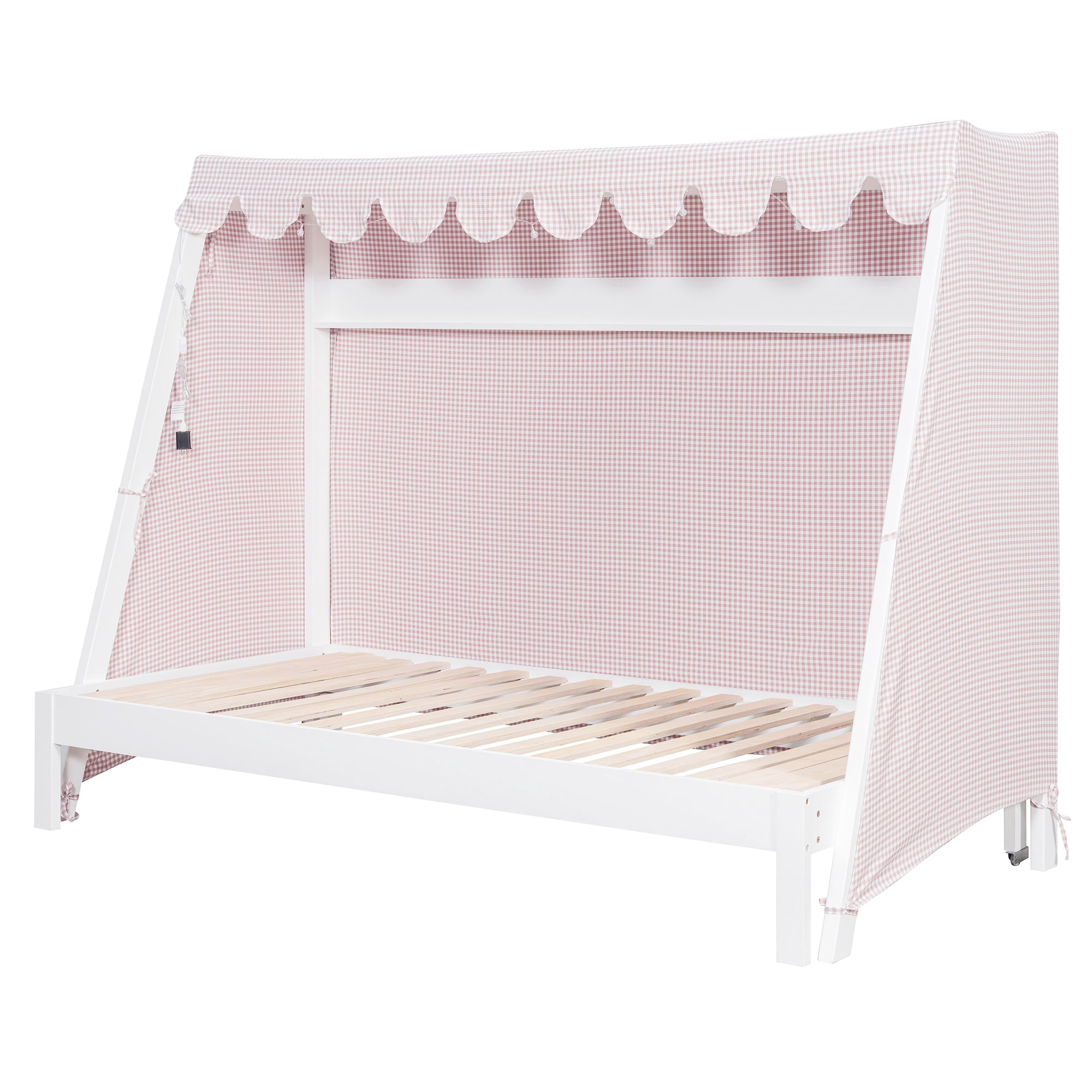 Mintazer Twin XL Platform Bed with LED Light, Trundle, Storage Shelf & Tent for Kids, White