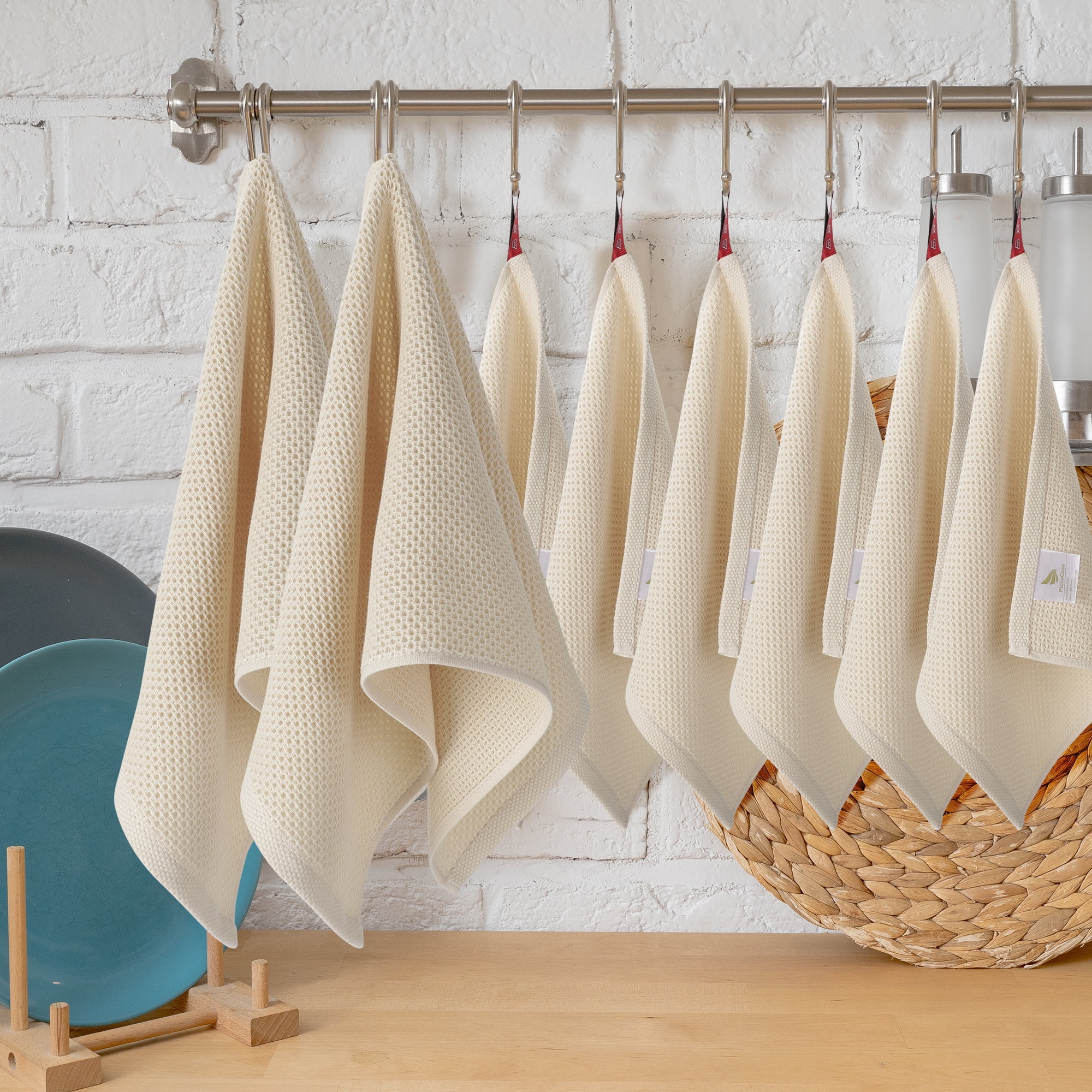 PiccoCasa 8 Pack Kitchen Dish Hand Towels Cotton Waffle Weave Beige