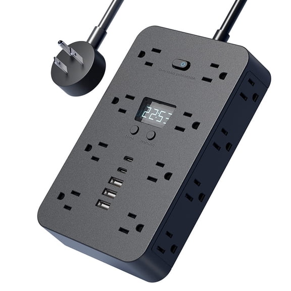 JOUALY 21-in-1 Power Strip with Digital Clock, Surge Protector with 16 Wide Spaced AC Outlets & 5 USB Ports(3A2C), Flat Plug 5FT Cord, FCC Certified USB Charging Station for Home Office Dorm, black