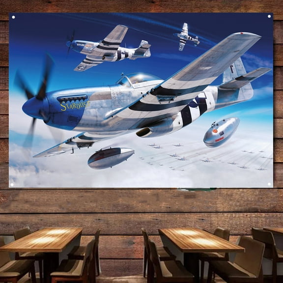 WW II US P-51D-5 Mustang Fighter Jet Banner & Flag - Aviation Military Wall Art Poster For Room Studio Bedroom - Attack Aircraft Canvas Print Art Work - Air Force Wall Decoration 38" x 57"