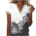thumbnail image 2 of Offres jusqu'à 70 % de Réduction! Hauts d'Été pour Femmes 2024 Grande Taille Mode Col en V Dentelle Patchwork Imprimé Manches Courtes Décontracté Chemisier Cadeau pour Femmes en Solde, 2 of 5