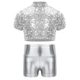 thumbnail image 6 of renvena Kids Girls Short Sleeves Sparkly Crop Top and Shiny Metallic Short for Cheerleading Performance Silver 10, 6 of 7