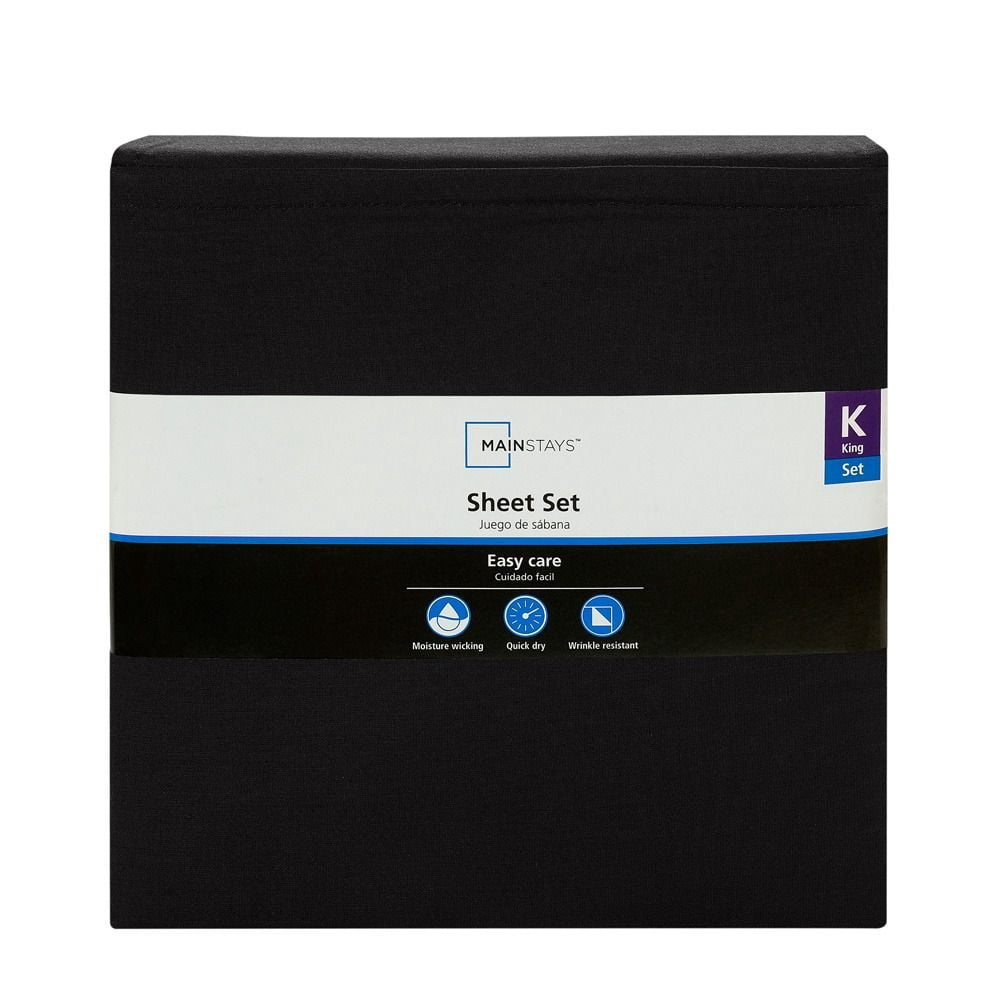 Mainstays Easy Care 300 Thread Count Bed Sheet Set, King, Rich Black