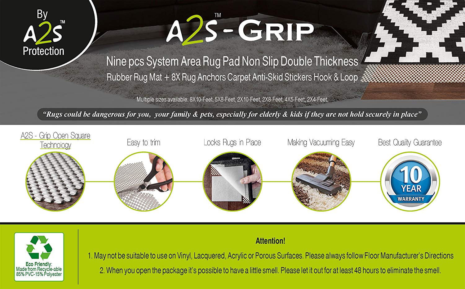 8X Anti-Skid Pads A2S-Grip Area Rug Pad Non Slip 9pcs Anti-Curling Rug Gripper 