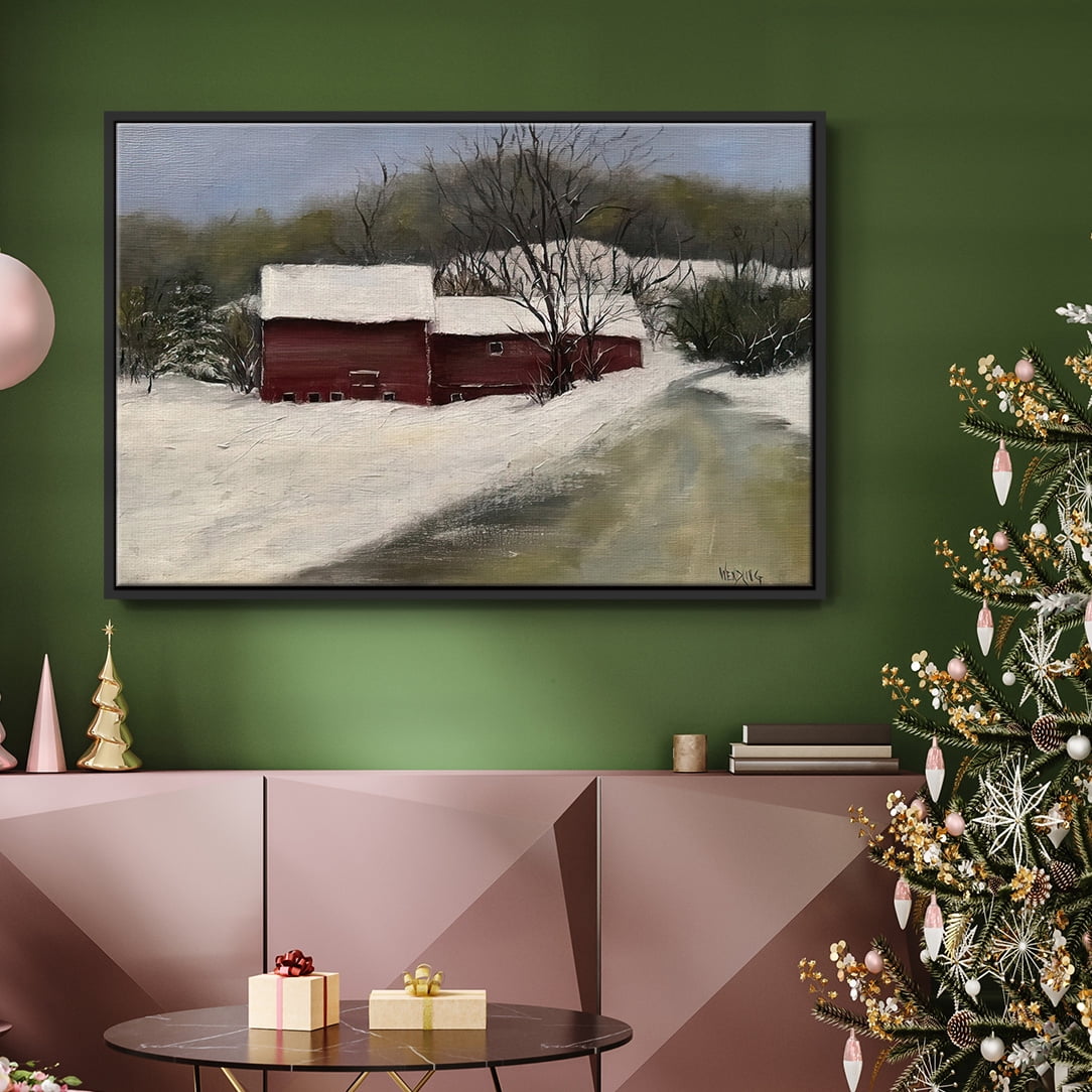 Winter Homestead II - Framed Gallery Wrapped Holiday Canvas - 27 x 41 - Black Frame