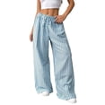thumbnail image 3 of Women Drawstring Striped Pants Loose Wide Leg Trousers Casual Low Waist Pants Comfy Lounge Pants Blue & Blue Stripe S, 3 of 10
