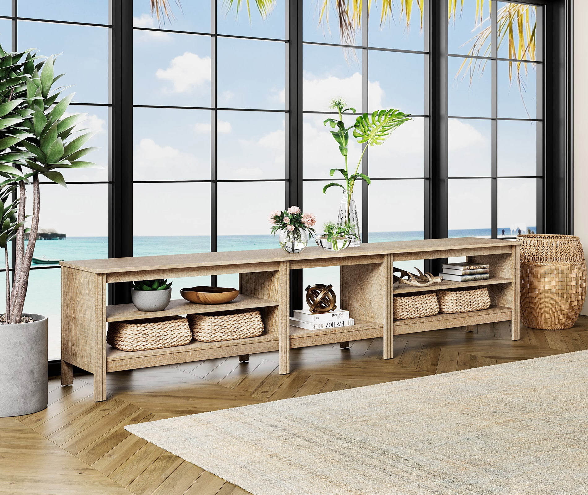 TV Stand for 85 inch TV, Wood Media TV Console Entertainment Center for 90 100 inch TV with 5 Open Shelves for Living Room, 80 inches, Black