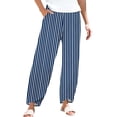 thumbnail image 2 of Women's Casual Pants Striped Linen Pants For Women Summer Casual Wide Leg Pants With Pockets Comfy Cropped Palazzo Pants,Blue Women's Casual Pants S, 2 of 5