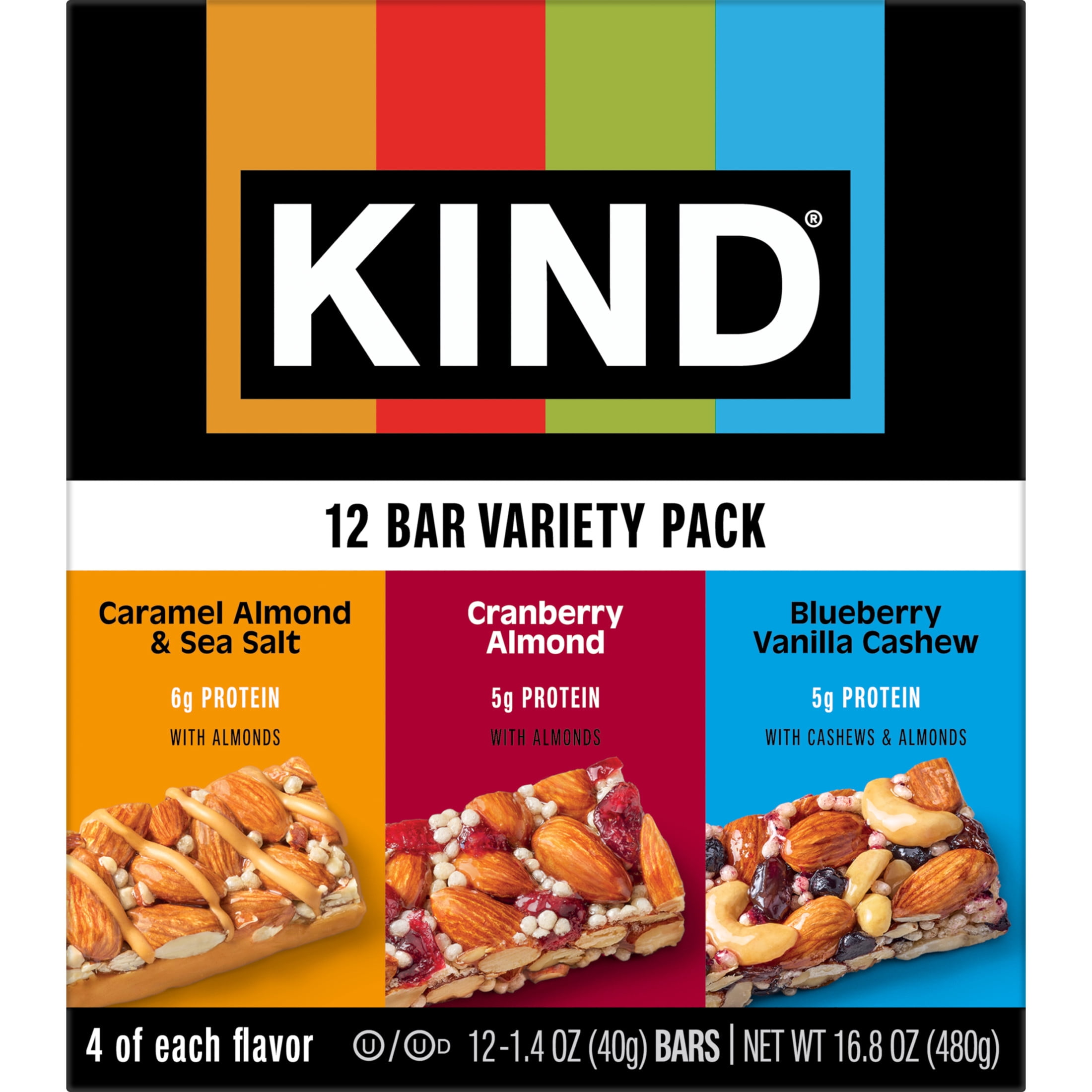 KIND Cranberry Almond, Caramel Almond & Sea Salt, Blueberry Vanilla Cashew Nut Bars, 12 Count