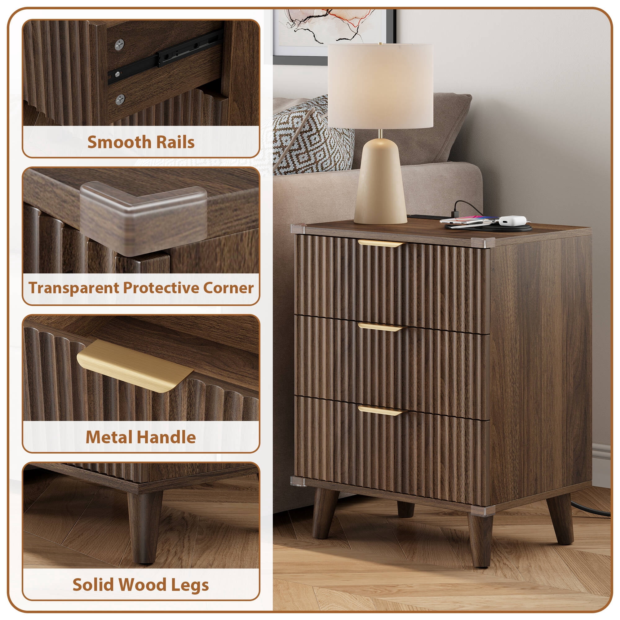GIKPAL Night Stands for Bedroom Set of 2, Modern Bedside Table with 3 Drawers & Charging Station,Fluted Panel End Tables for Bedroom & Living Room, Walnut