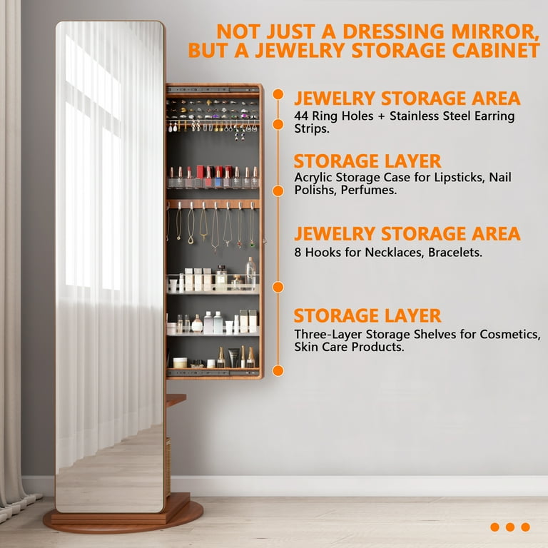 LVSOMT Large Freestanding Jewelry Armoire with 360 Swivel Full Length Mirror Coat Rack Shelves White Walmart