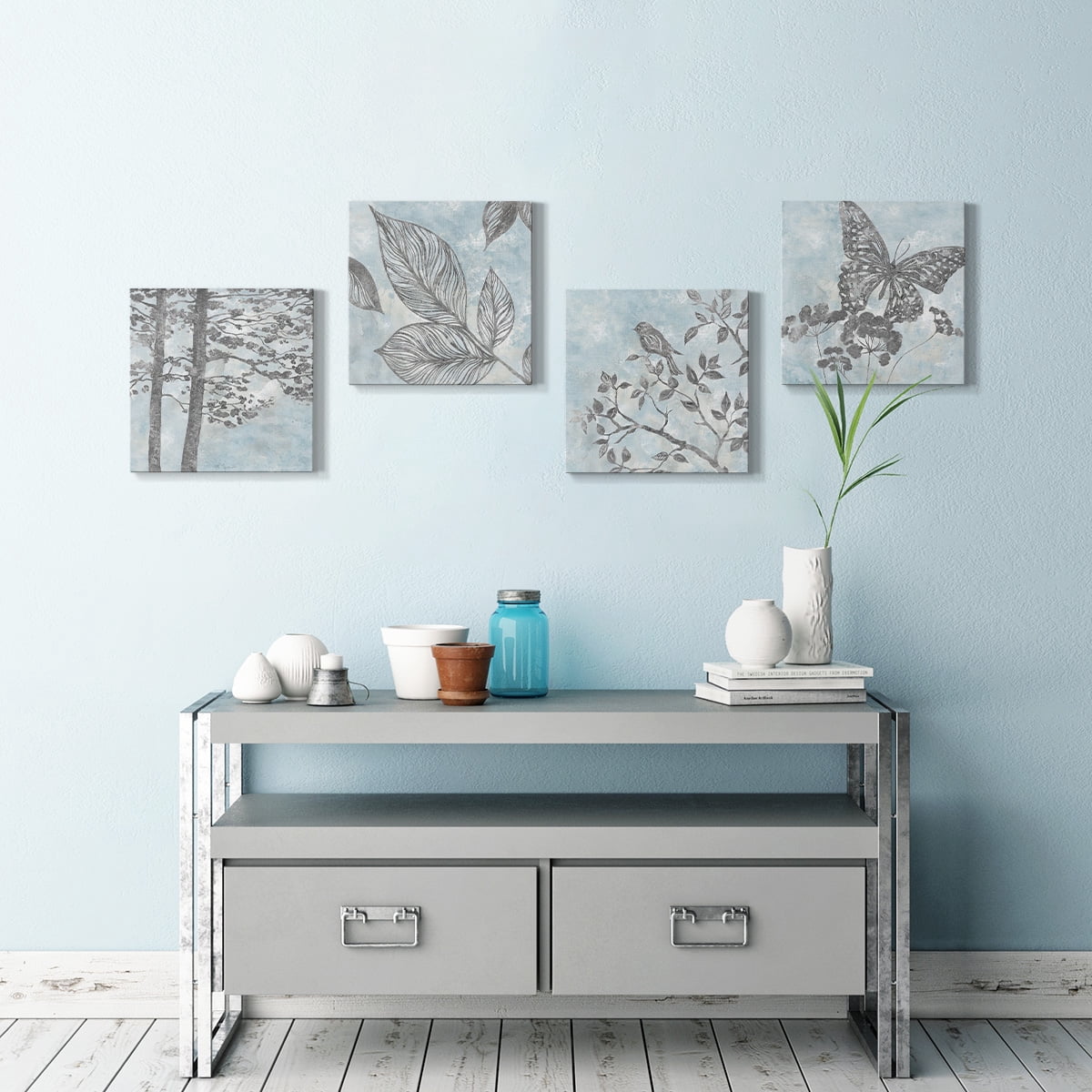 Wexford Home Blue Watercolor Natural Life Wall Art, 16 x 16 inches Set of 4 Blue bird Butterfly Forest Pictures Prints Wall Décor for Living Room Bedroom Bathroom